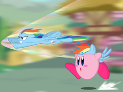 Size: 1351x1013 | Tagged: safe, artist:kingtoby19, rainbow dash, pegasus, pony, puffball, g4, clothes, cosplay, costume, crossover, female, kirby, kirby (series), mare, nintendo, video game