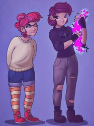 Size: 2144x2859 | Tagged: safe, artist:incendiarymoth, oc, oc only, oc:dark nebula, oc:moonberry, human, icey-verse, blue background, boots, clothes, commission, dark magic, ear piercing, earring, eyeshadow, female, fingerless gloves, glasses, gloves, gradient background, half-siblings, high res, humanized, humanized oc, jeans, jewelry, looking at each other, magic, magical lesbian spawn, makeup, nail polish, next generation, offspring, one eye closed, pants, parent:moondancer, parent:oc:nocturne scroll, parent:strawberry sunrise, parents:canon x oc, parents:moonscroll, parents:strawdancer, piercing, shoes, shorts, siblings, simple background, sisters, socks, striped socks, sweater, thigh highs, torn clothes, wink