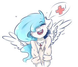 Size: 1280x1101 | Tagged: safe, artist:tavifly, oc, oc only, pegasus, pony, blue hair, blushing, clothes, eyes closed, female, hair over one eye, happy, medic, medic (tf2), shirt, simple background, smiling, solo, spread wings, team fortress 2, white background, wings