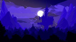 Size: 1920x1080 | Tagged: safe, artist:probaldr, g4, background, castle, full moon, lineless, meteor, meteor shower, moon, night, no pony, ponyville, scenery, shooting star, silhouette, sunset, town, tree, twilight's castle, wallpaper