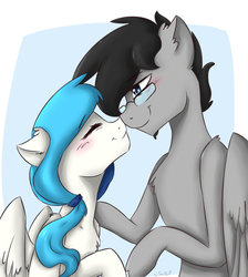 Size: 1280x1431 | Tagged: safe, artist:tavifly, oc, pegasus, pony, black hair, blue eyes, blue hair, blushing, boop, couple, cute, eyes closed, female, glasses, male, mare, noseboop, nuzzling, oc x oc, romantic, shipping, smiling, straight