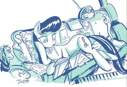 Size: 1019x696 | Tagged: safe, artist:jowyb, octavia melody, earth pony, pony, g4, book, couch, cup, female, mare, monochrome, pen, solo, teacup