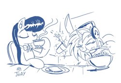 Size: 1019x696 | Tagged: safe, artist:jowyb, dj pon-3, octavia melody, vinyl scratch, earth pony, pony, unicorn, g4, bowl, bread, cereal, cup, female, food, headphones, mare, monochrome, plate, spoon, teacup, toast