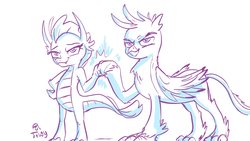 Size: 1920x1080 | Tagged: safe, artist:jowyb, gallus, smolder, dragon, griffon, g4, female, fist bump, male, monochrome, simple background, white background