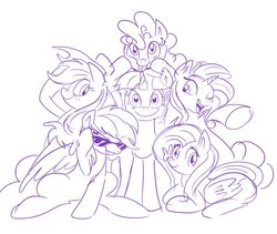 Size: 801x675 | Tagged: safe, artist:jowyb, applejack, fluttershy, pinkie pie, rainbow dash, rarity, twilight sparkle, alicorn, butterfly, earth pony, pegasus, pony, unicorn, g4, butterfly on nose, female, insect on nose, mane six, mare, monochrome, smiling, smiling at you, sunglasses, tongue out