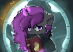 Size: 1280x912 | Tagged: safe, artist:tavifly, oc, oc only, pony, unicorn, bust, clothes, complex background, glowing horn, gravity falls, horn, looking at you, magic, male, purple eyes, purple hair, solo