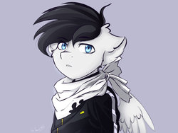 Size: 1280x962 | Tagged: safe, artist:tavifly, oc, oc only, pegasus, pony, black hair, blue eyes, bust, clothes, looking at you, male, simple background, solo, wings