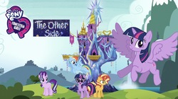 Size: 2048x1147 | Tagged: dead source, safe, artist:php77, editor:php77, rainbow dash, sci-twi, starlight glimmer, sunset shimmer, twilight sparkle, alicorn, equestria girls, g4, my little pony equestria girls: better together, equestria girls logo, twilight sparkle (alicorn), twilight's castle, unicorn sci-twi