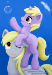 Size: 840x1200 | Tagged: safe, artist:redquoz, derpy hooves, dinky hooves, pegasus, pony, unicorn, g4, atg 2018, bubble, cloud, cute, day12, dinkabetes, duo, duo female, equestria's best daughter, equestria's best mother, female, filly, like mother like daughter, like parent like child, mare, mother and daughter, newbie artist training grounds, sky, smiling, tongue out