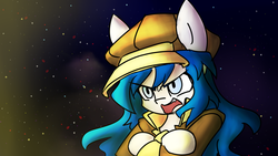 Size: 2732x1536 | Tagged: safe, artist:spheedc, oc, oc only, oc:light chaser, earth pony, pony, blue hair, clothes, crossed arms, evil grin, female, grin, hat, mare, smiling, solo, space