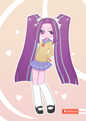 Size: 800x1126 | Tagged: safe, artist:howxu, aria blaze, equestria girls, g4, ariabetes, blushing, clothes, cute, female, heart, looking at you, mary janes, miniskirt, moe, patreon, patreon logo, pigtails, pleated skirt, school uniform, shoes, skirt, socks, solo, twintails