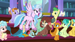 Size: 1280x720 | Tagged: safe, screencap, auburn vision, citrine spark, cozy glow, fire quacker, gallus, huckleberry, ocellus, sandbar, silverstream, smolder, yona, changedling, changeling, classical hippogriff, dragon, earth pony, griffon, hippogriff, pegasus, pony, unicorn, yak, a matter of principals, g4, book, bow, cloven hooves, dragoness, female, filly, friendship student, hair bow, jewelry, male, monkey swings, necklace, notebook, stallion, student six, teenager