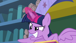 Size: 1280x720 | Tagged: safe, screencap, twilight sparkle, alicorn, pony, a matter of principals, g4, female, glowing horn, grin, horn, magic, mare, raised eyebrow, smiling, smirk, smug, solo, twilight sparkle (alicorn)