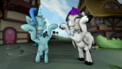 Size: 850x478 | Tagged: safe, artist:fishiewishes, oc, oc:fishie wishes, oc:reverb skyriff, pegasus, pony, unicorn, 3d, animated, bipedal, bow, caramelldansen, dancing, eyes closed, female, goggles, male, source filmmaker