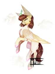 Size: 1446x1938 | Tagged: safe, artist:minelvi, oc, oc only, dove, pegasus, pony, clothes, colored hooves, commission, ear fluff, female, flying, mare, pegasus oc, signature, simple background, socks, solo, transparent background, wings