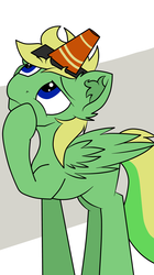 Size: 2984x5312 | Tagged: safe, artist:luriel maelstrom, oc, oc only, oc:lemming, pegasus, pony, male, simple background, solo, stallion, thinking, traffic cone, traffic cone unicorn