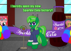 Size: 1003x727 | Tagged: safe, artist:limedreaming, oc, oc only, oc:lime dream, pony, unicorn, fallout equestria, balloon, banner, bottle, clothes, door, factory, grand opening, happy, magic, manager, microphone, older, shears, sparkle cola, window