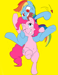 Size: 1340x1716 | Tagged: safe, artist:baigak, pinkie pie, rainbow dash, earth pony, pegasus, pony, g4, belly button, bipedal, carrying, one eye closed, piggyback ride, red eyes, simple background, unamused, wink, yellow background