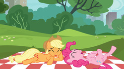 Size: 1193x670 | Tagged: safe, editor:lisaloudleijon, applejack, pinkie pie, earth pony, pony, g4, ^^, applejack's hat, cowboy hat, duo, eyes closed, female, hat, lesbian, manehattan, mare, mlp:castle of darkness, park, picnic, picnic blanket, ship:applepie, shipping