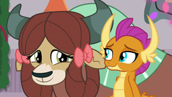 Size: 1920x1080 | Tagged: safe, screencap, smolder, yona, dragon, yak, g4, the hearth's warming club, cute, duo, female, smiling, smolderbetes, yonadorable