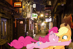 Size: 1280x853 | Tagged: safe, editor:lisaloudleijon, applejack, pinkie pie, pony, g4, female, hug, irl, japan, lesbian, photo, ponies in real life, real life background, ship:applepie, shipping