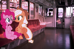 Size: 1024x683 | Tagged: safe, artist:lisaloudleijon, artist:lisaloudleijon/chris niimi, editor:lisaloudleijon, applejack, pinkie pie, pony, g4, female, irl, japan, lesbian, photo, ponies in real life, real life background, ship:applepie, shipping