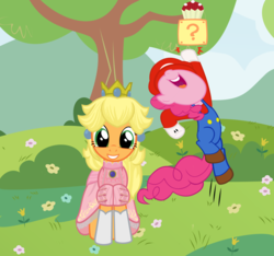 Size: 948x888 | Tagged: safe, editor:lisaloudleijon, applejack, pinkie pie, g4, applejack also dresses in style, clothes, cosplay, costume, cute, female, mario, mario pie, mariopie, princess applejack, princess peach, ship:applepie, shipping, super mario bros.