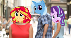 Size: 1134x614 | Tagged: safe, edit, starlight glimmer, sunset shimmer, trixie, equestria girls, g4, distracted boyfriend meme, female, infidelity, lesbian, ship:startrix, ship:suntrix, shipping