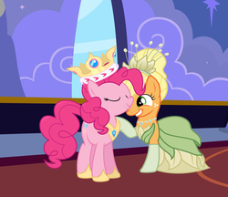 Size: 777x670 | Tagged: safe, editor:lisaloudleijon, applejack, pinkie pie, g4, applejack also dresses in style, bonding, disney, female, lesbian, princess applejack, princess pinkie pie, princess tiana, ship:applepie, shipping, the princess and the frog, tiana