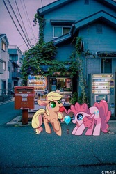 Size: 481x720 | Tagged: safe, artist:phyllismi, editor:lisaloudleijon, applejack, pinkie pie, g4, apple, balloon, cute, electrical wires, female, food, house, houses, irl, lesbian, mailbox, phone wallpaper, photo, ponies in real life, power line, real life background, ship:applepie, shipping, telephone lines, vending machine, wallpaper