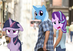 Size: 1140x790 | Tagged: safe, edit, starlight glimmer, trixie, twilight sparkle, alicorn, pony, g4, distracted boyfriend meme, female, floppy ears, infidelity, lesbian, ship:startrix, ship:twixie, shipping, twilight sparkle (alicorn)