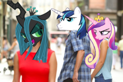 Size: 1024x683 | Tagged: safe, artist:brandonale, edit, princess cadance, queen chrysalis, shining armor, g4, distracted boyfriend meme, female, infidelity, male, ship:shining chrysalis, ship:shiningcadance, shipping, straight, this will end in a night on the couch