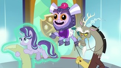 Size: 1920x1080 | Tagged: safe, screencap, discord, starlight glimmer, pony, a matter of principals, g4, my little pony: friendship is magic, glasses, levitation, list, magic, marmoset, self-levitation, telekinesis