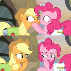 Size: 960x960 | Tagged: safe, screencap, applejack, pinkie pie, g4, hearthbreakers, boop, cute, duo, face grab, female, noseboop, out of context, saddle bag, squishy cheeks