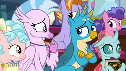 Size: 1280x720 | Tagged: safe, screencap, auburn vision, berry blend, berry bliss, cozy glow, gallus, ocellus, silverstream, griffon, pegasus, pony, a matter of principals, g4, female, filly, friendship student