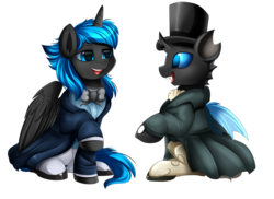 Size: 3509x2550 | Tagged: safe, artist:pridark, oc, oc only, oc:archex, oc:prince comet, alicorn, changeling, pony, alicorn oc, blue changeling, bowtie, changeling oc, clothes, duo, female, hat, high res, male, simple background, smiling, suit, top hat, transparent background