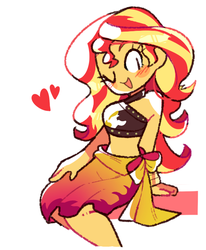 Size: 555x674 | Tagged: safe, artist:blushily, sunset shimmer, equestria girls, equestria girls series, forgotten friendship, g4, bikini, blushing, bow, clothes, cute, female, floating heart, heart, midriff, one eye closed, open mouth, sarong, shimmerbetes, simple background, smiling, solo, summer sunset, swimsuit, white background, wink