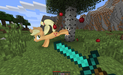 Size: 1280x778 | Tagged: safe, artist:tacotuesday21321, applejack, earth pony, pony, g4, apple, applebucking, birch tree, crossover, diamond sword, falling, female, food, mare, minecraft, ponies in video games, sword, tree, weapon