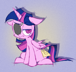 Size: 980x924 | Tagged: safe, artist:thegreatrouge, twilight sparkle, alicorn, pony, friendship university, g4, eyepatch, eyepatch (disguise), fake cutie mark, female, floppy ears, mare, paper-thin disguise, solo, twilight sparkle (alicorn)
