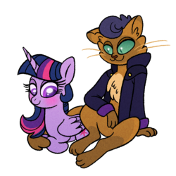 Size: 760x760 | Tagged: dead source, safe, artist:carouselunique, capper dapperpaws, twilight sparkle, abyssinian, alicorn, anthro, g4, my little pony: the movie, alternate clothes, alternate hairstyle, capperlight, chest fluff, cuddling, female, male, mare, paws, shipping, simple background, transparent background, twilight sparkle (alicorn)