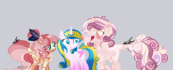 Size: 1944x796 | Tagged: safe, artist:muserkikki, artist:vintage-owll, oc, oc only, oc:caring heart, oc:crystal heart, oc:napoleon, alicorn, pegasus, pony, unicorn, alicorn oc, base used, chest fluff, coat markings, collaboration, colored pupils, colored wings, colored wingtips, ear fluff, female, leonine tail, male, mare, next generation, offspring, parent:big macintosh, parent:fluttershy, parent:princess cadance, parent:shining armor, parents:fluttermac, parents:shiningcadance, stallion, tail feathers, trio