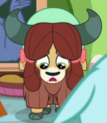 Size: 338x386 | Tagged: safe, screencap, ocellus, yona, yak, a matter of principals, g4, bow, cloven hooves, cropped, female, hair bow, looking down, monkey swings, solo focus