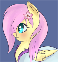 Size: 826x876 | Tagged: safe, artist:brok-enwings, fluttershy, pony, g4, bathrobe, blue background, blushing, clothes, cute, female, flower, flower in hair, robe, shyabetes, simple background, smiling, solo, wet mane