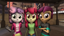 Size: 1024x576 | Tagged: safe, artist:tannerthecat1996, apple bloom, scootaloo, sweetie belle, equestria girls, g4, 3d, city, clothes, cutie mark crusaders, scenery