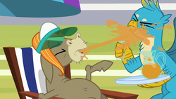 Size: 1280x720 | Tagged: safe, screencap, cranky doodle donkey, gallus, griffon, a matter of principals, g4, spitting