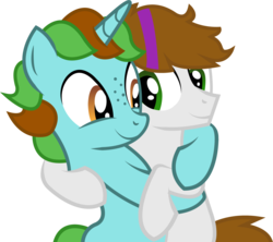 Size: 1661x1473 | Tagged: safe, artist:electrochoc, oc, oc:light reel, earth pony, pony, unicorn, freckles, gay, hug, male, simple background, transparent background, vector