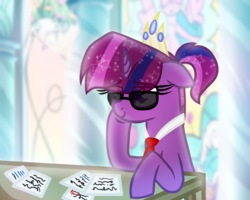 Size: 2500x2000 | Tagged: safe, artist:sodadoodle, oc, oc only, oc:star twist, pony, unicorn, crown, high res, jewelry, magical lesbian spawn, necktie, offspring, paper, paperwork, parent:tempest shadow, parent:twilight sparkle, parents:tempestlight, ponytail, regalia, sodaverse