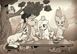 Size: 2508x1771 | Tagged: safe, artist:pencils, fluttershy, marble pie, tempest shadow, oc, oc:blue waffle, bird, cat, earth pony, owl, pegasus, pony, unicorn, broken horn, bush, chair, commission, cup, digital art, eating, eye scar, eyes closed, female, food, group, hat, high res, male, mare, monochrome, open mouth, outdoors, quartet, saucer, scar, sitting, smiling, stallion, table, tea, tea party, teacup, top hat, tree