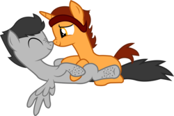Size: 14666x9801 | Tagged: safe, artist:electrochoc, oc, oc only, oc:mrdeloop, oc:peach cobbler, pegasus, pony, unicorn, absurd resolution, duo, freckles, gay, male, nose wrinkle, nuzzling, simple background, transparent background, vector