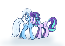 Size: 2479x1754 | Tagged: safe, artist:christheblue, starlight glimmer, trixie, pony, unicorn, g4, female, grin, hug, lesbian, mare, one eye closed, ship:startrix, shipping, simple background, smiling, white background, wink